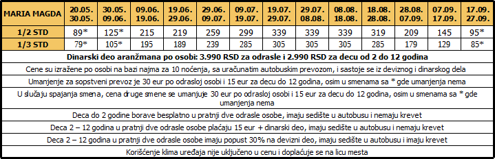 Cenovnik sezona maria magda 14.12.